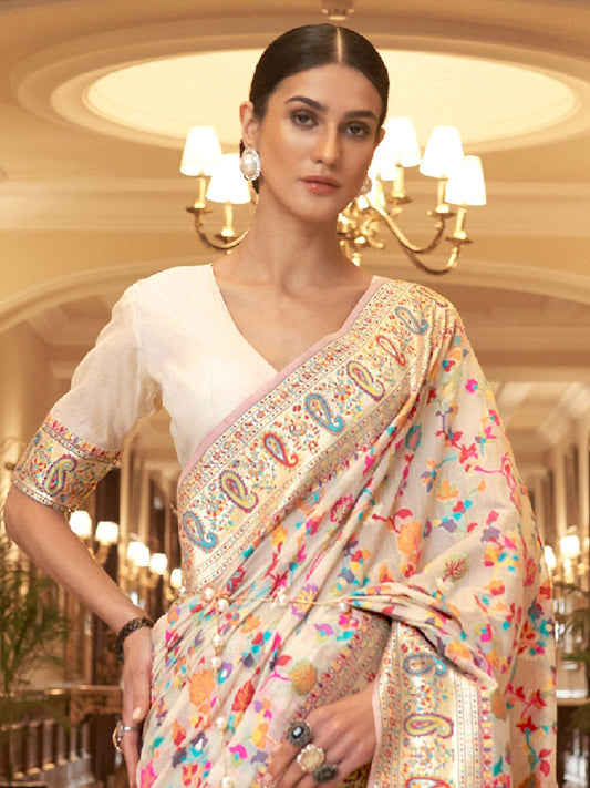 Dhiyona GR Women's Kalista Peony White Woven Jamewar Kashmiri Banarasi Saree