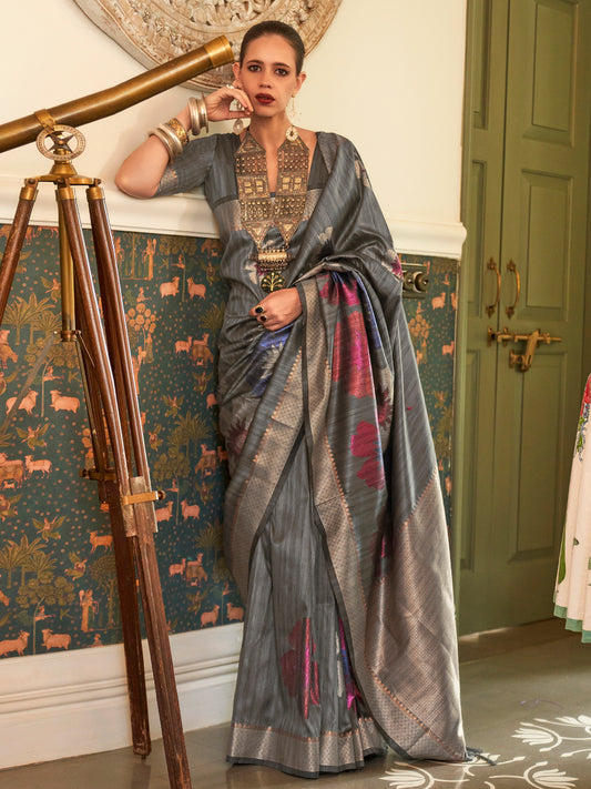 Women's Silk Blend Grey Woven Design Celebrity Saree With Blouse Piece