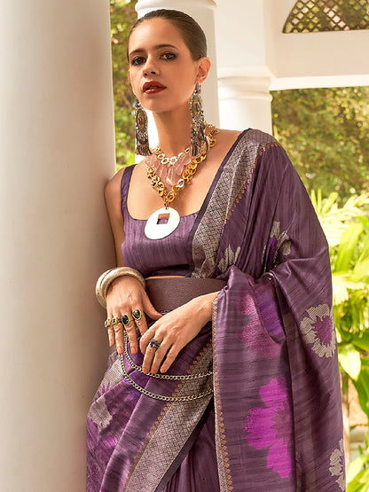 Women's Silk Blend Purple Woven Design Celebrity Saree With Blouse Piece