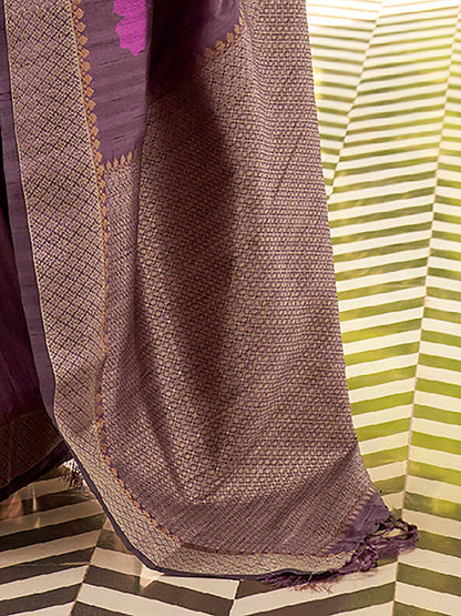 Women's Silk Blend Purple Woven Design Celebrity Saree With Blouse Piece