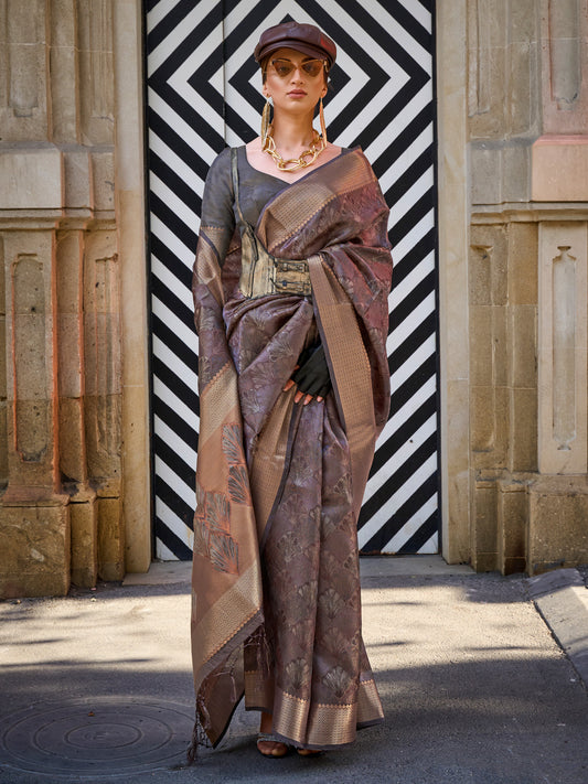 Women's Organza Charcoal Grey Woven Design Designer Saree With Blouse Piece
