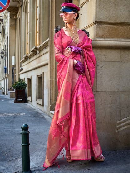 Women's Organza Pink Woven Design Designer Saree With Blouse Piece