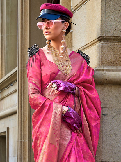 Women's Organza Pink Woven Design Designer Saree With Blouse Piece