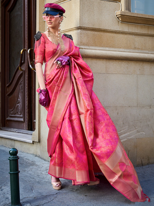 Women's Organza Pink Woven Design Designer Saree With Blouse Piece