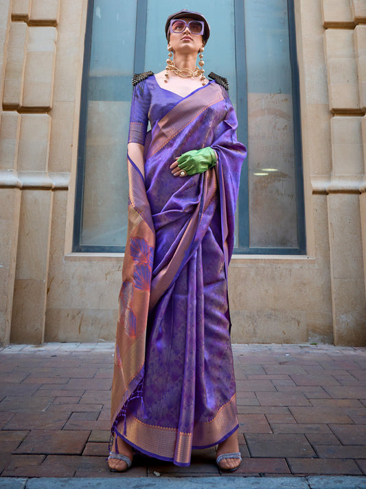 Women's Organza Lavendar Woven Design Designer Saree With Blouse Piece