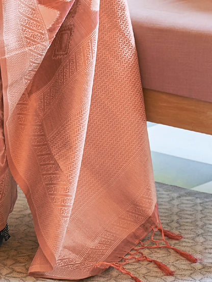 Women's Tissue Peach Woven Design Designer Saree With Blouse Piece
