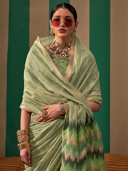 Women's Silk Blend Light Green Woven Design Designer Saree With Blouse Piece