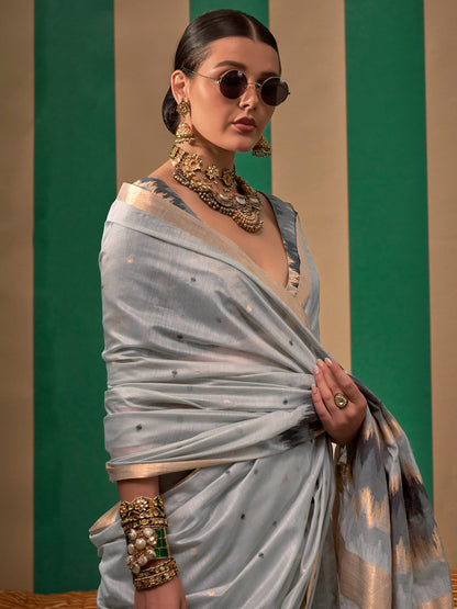 Women's Silk Blend Grey Woven Design Designer Saree With Blouse Piece