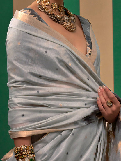 Women's Silk Blend Grey Woven Design Designer Saree With Blouse Piece
