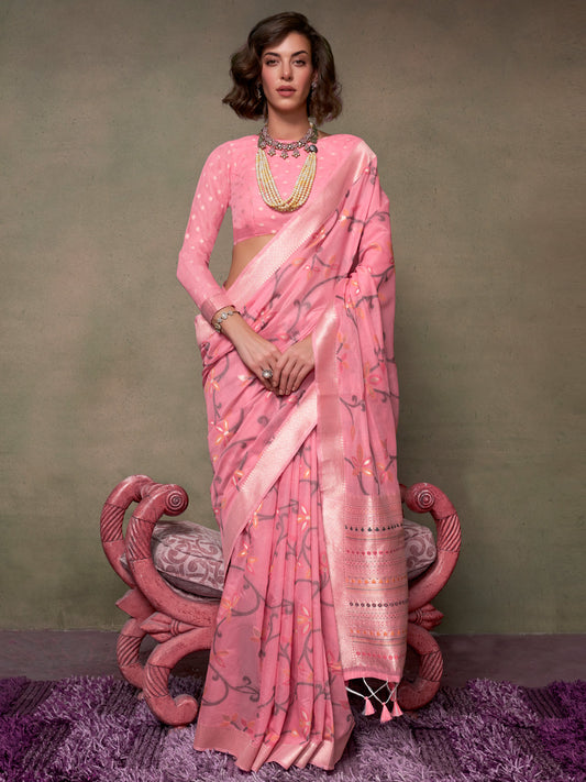 Women's Silk Blend Pink Woven Design Designer Saree With Blouse Piece