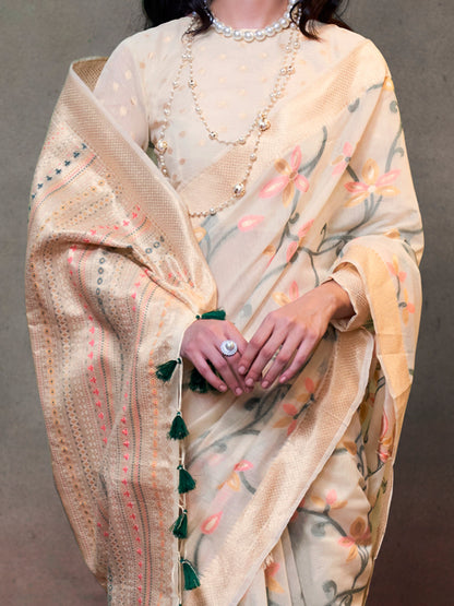 Women's Silk Blend Cream Woven Design Designer Saree With Blouse Piece