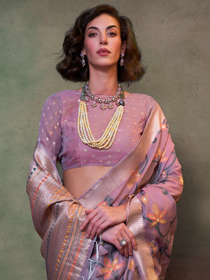 Women's Silk Blend Lavendar Woven Design Designer Saree With Blouse Piece