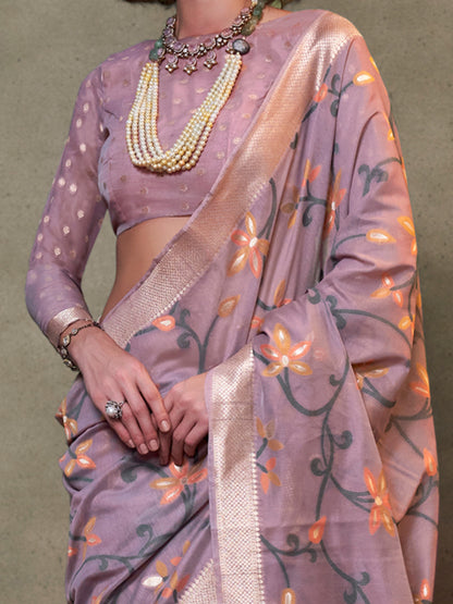 Women's Silk Blend Lavendar Woven Design Designer Saree With Blouse Piece