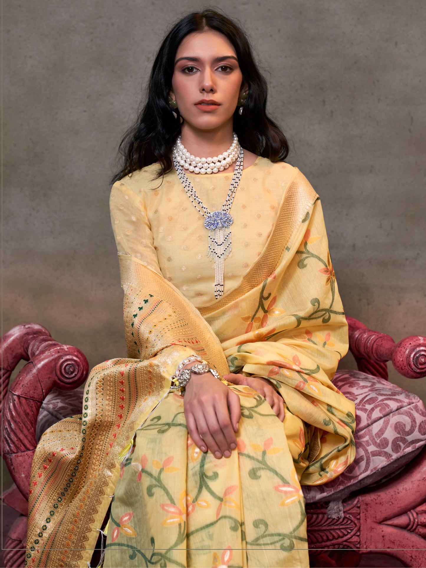 Women's Silk Blend Yellow Woven Design Designer Saree With Blouse Piece