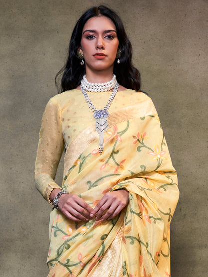 Women's Silk Blend Yellow Woven Design Designer Saree With Blouse Piece