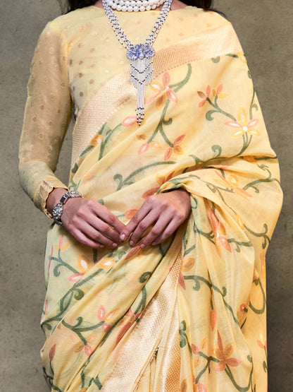 Women's Silk Blend Yellow Woven Design Designer Saree With Blouse Piece