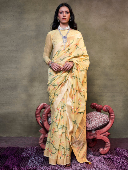 Women's Silk Blend Yellow Woven Design Designer Saree With Blouse Piece