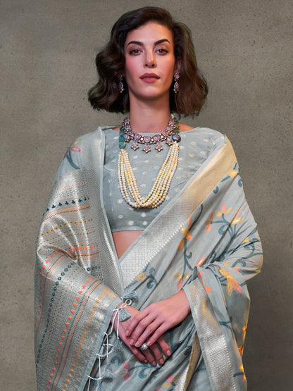 Women's Silk Blend Grey Woven Design Designer Saree With Blouse Piece