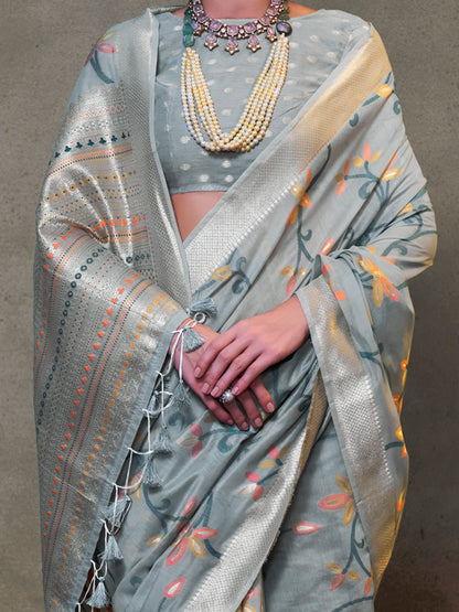 Women's Silk Blend Grey Woven Design Designer Saree With Blouse Piece