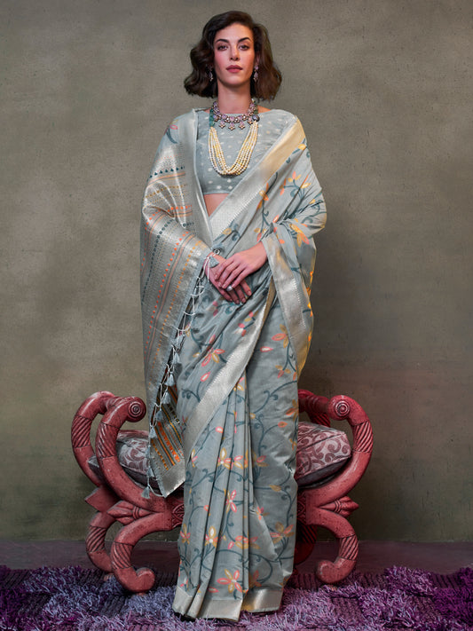 Women's Silk Blend Grey Woven Design Designer Saree With Blouse Piece
