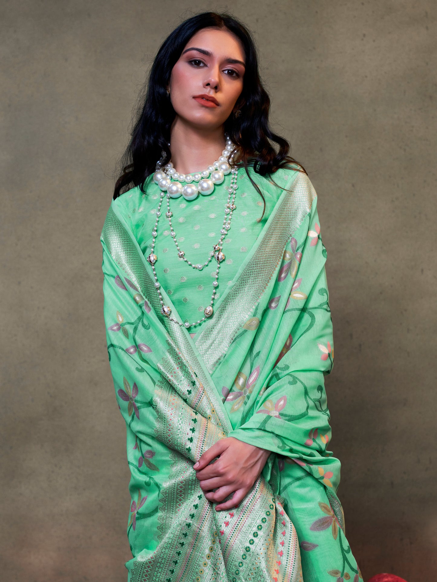 Women's Silk Blend Sea Green Woven Design Designer Saree With Blouse Piece