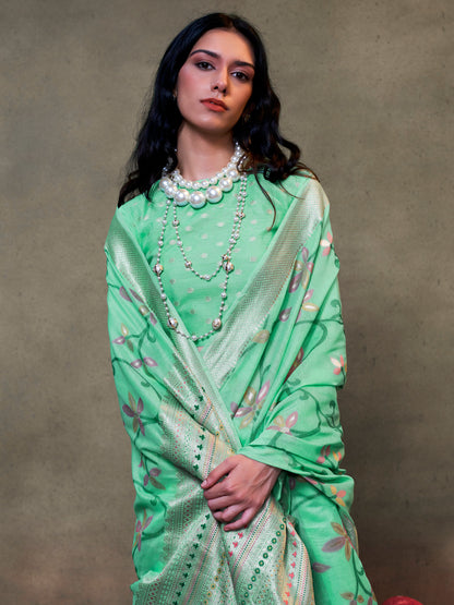 Women's Silk Blend Sea Green Woven Design Designer Saree With Blouse Piece