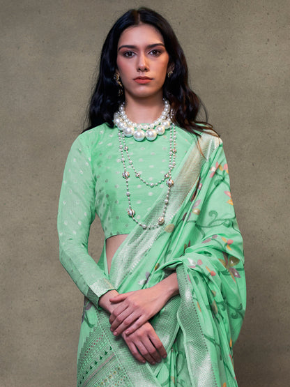 Women's Silk Blend Sea Green Woven Design Designer Saree With Blouse Piece