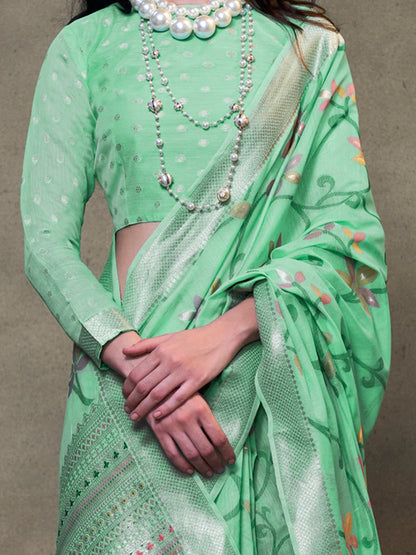 Women's Silk Blend Sea Green Woven Design Designer Saree With Blouse Piece