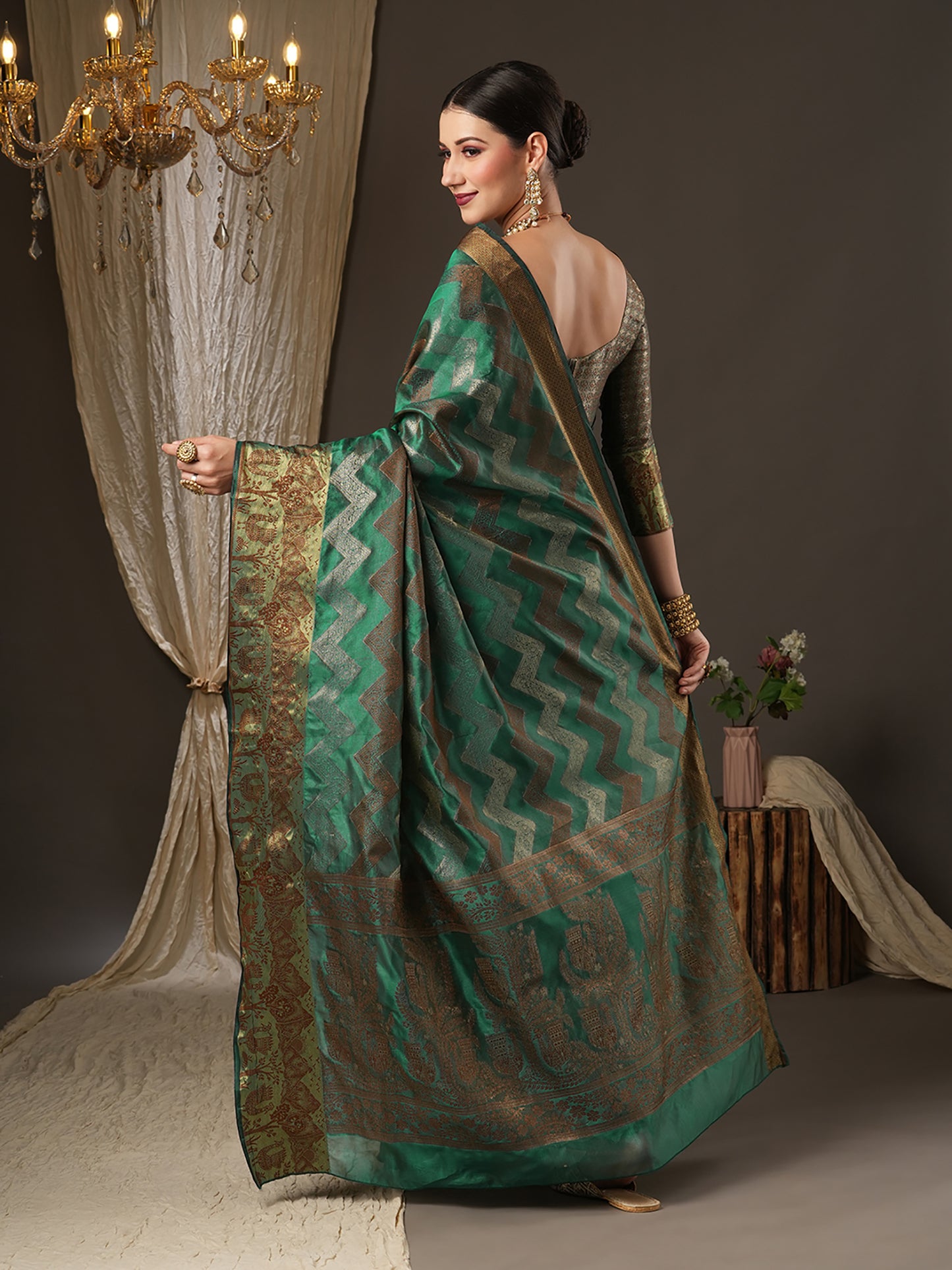 Women's Silk Blend Teal green Woven Design Designer Saree With Blouse Piece