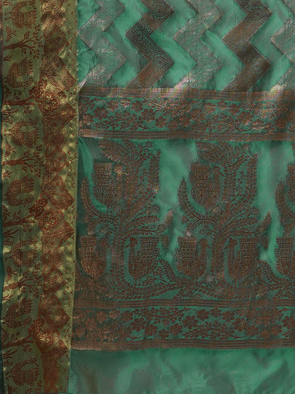 Women's Silk Blend Teal green Woven Design Designer Saree With Blouse Piece