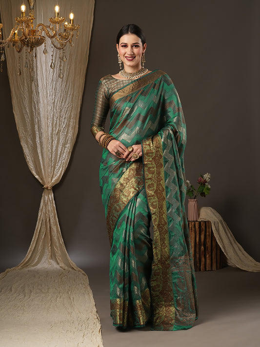 Women's Silk Blend Teal green Woven Design Designer Saree With Blouse Piece