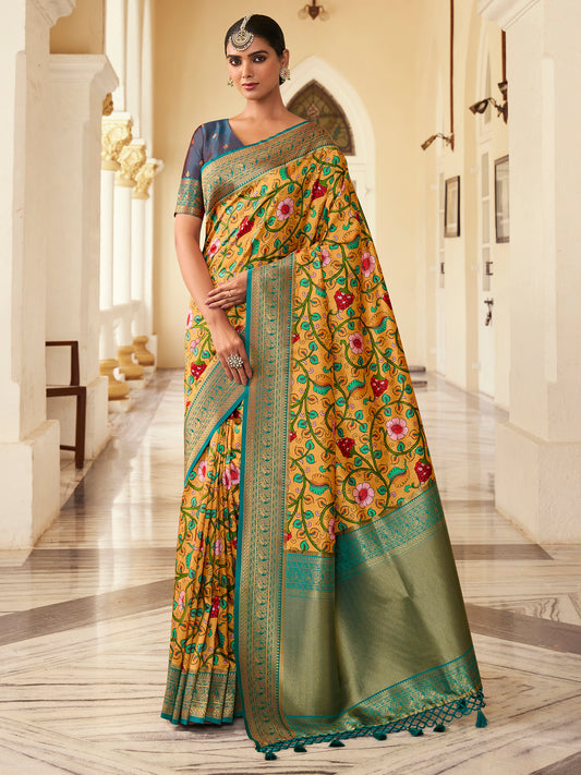 Women's Satin Silk Yellow Woven Design Designer Saree With Blouse Piece