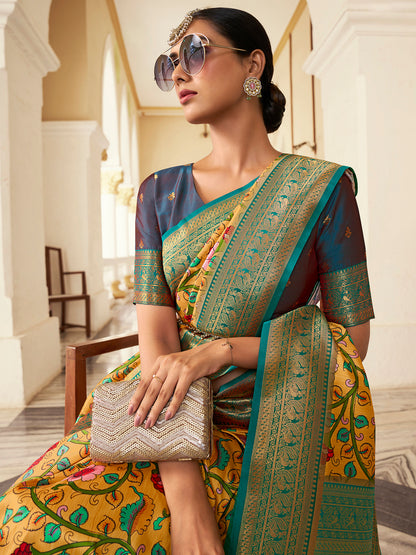 Women's Satin Silk Yellow Woven Design Designer Saree With Blouse Piece