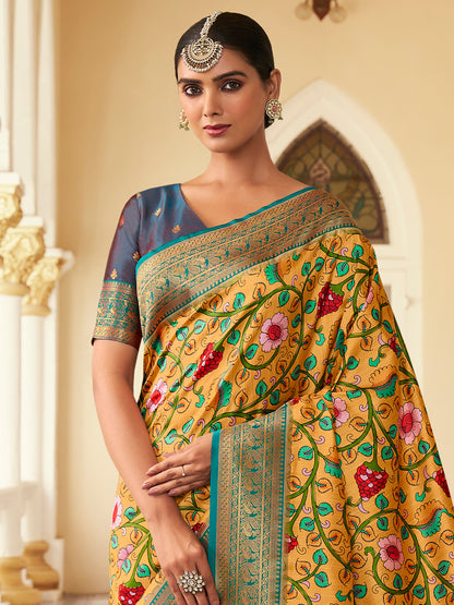 Women's Satin Silk Yellow Woven Design Designer Saree With Blouse Piece