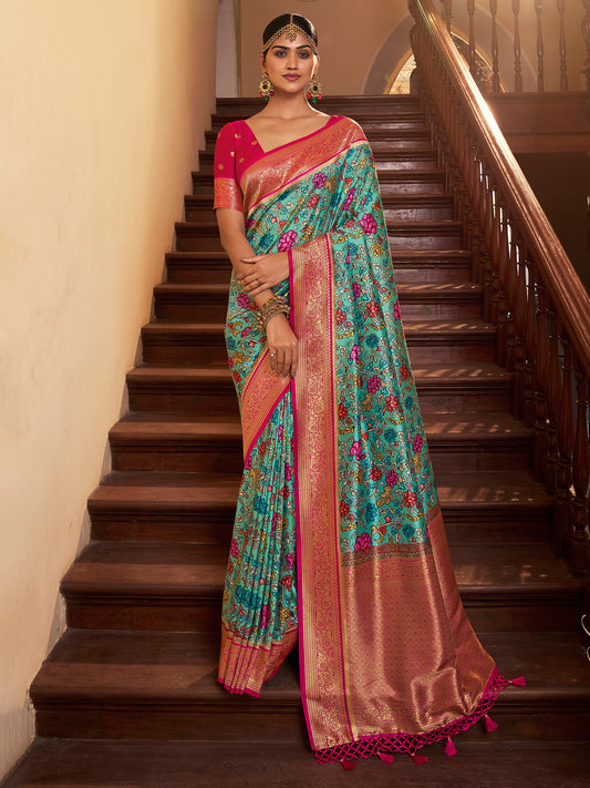 Women's Satin Silk Blue Woven Design Designer Saree With Blouse Piece