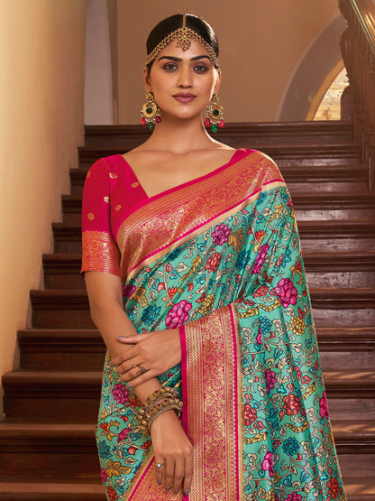 Women's Satin Silk Blue Woven Design Designer Saree With Blouse Piece