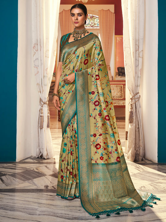 Women's Satin Silk Light Green Woven Design Designer Saree With Blouse Piece
