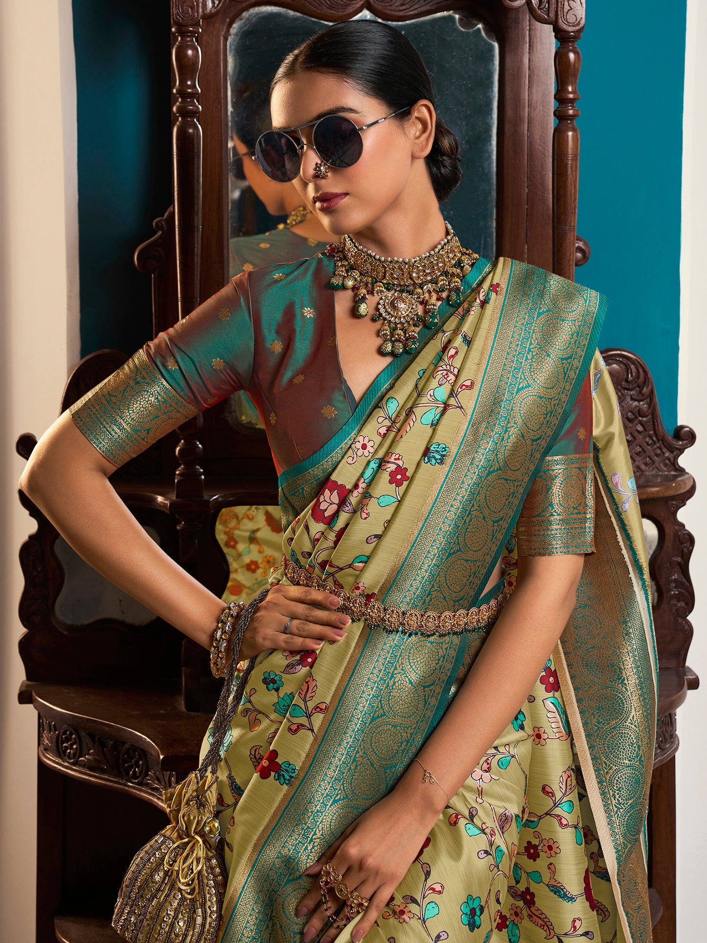 Women's Satin Silk Light Green Woven Design Designer Saree With Blouse Piece