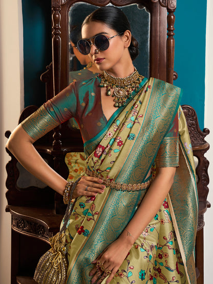 Women's Satin Silk Light Green Woven Design Designer Saree With Blouse Piece