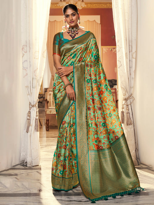 Women's Satin Silk Sea Green Woven Design Designer Saree With Blouse Piece