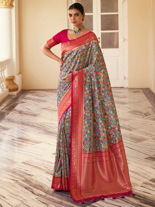 Women's Satin Silk Grey Woven Design Designer Saree With Blouse Piece