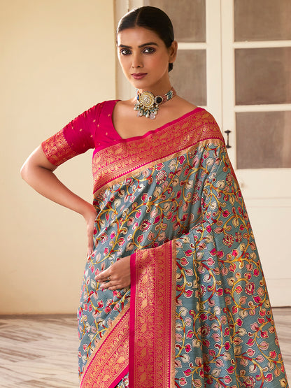 Women's Satin Silk Grey Woven Design Designer Saree With Blouse Piece