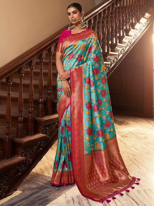 Women's Satin Silk Blue Woven Design Designer Saree With Blouse Piece