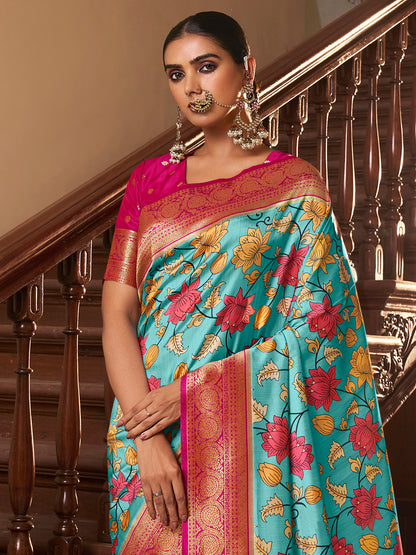 Women's Satin Silk Blue Woven Design Designer Saree With Blouse Piece