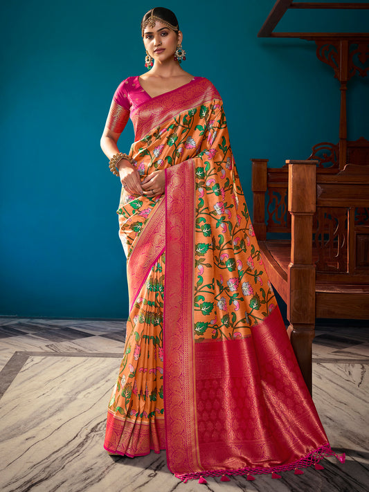 Women's Satin Silk Orange Woven Design Designer Saree With Blouse Piece