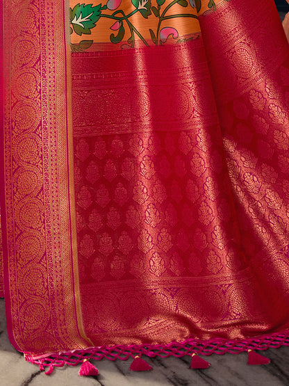 Women's Satin Silk Orange Woven Design Designer Saree With Blouse Piece