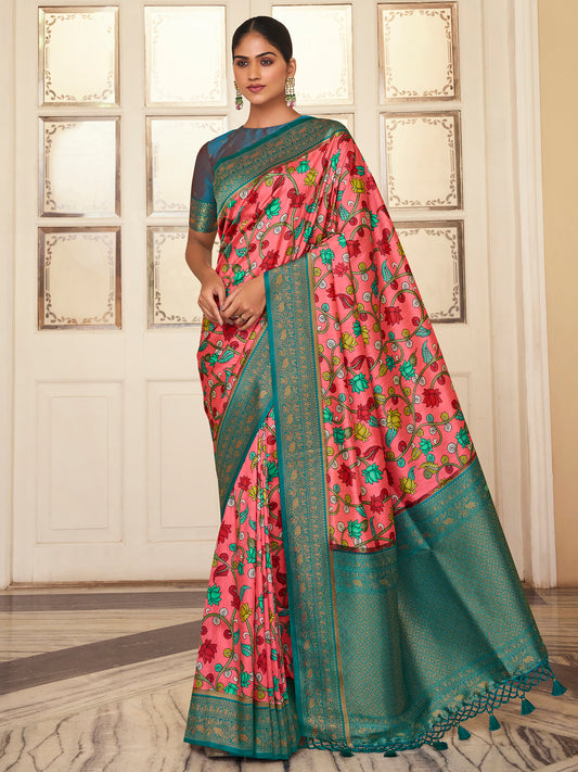 Women's Satin Silk Pink Woven Design Designer Saree With Blouse Piece