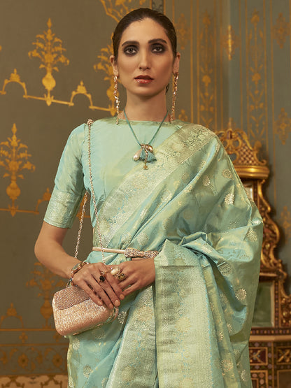 Women's Silk Blend Sea Green Woven Design Handloom Saree With Blouse Piece