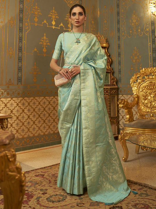 Women's Silk Blend Sea Green Woven Design Handloom Saree With Blouse Piece
