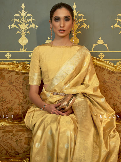 Women's Silk Blend Yellow Woven Design Handloom Saree With Blouse Piece